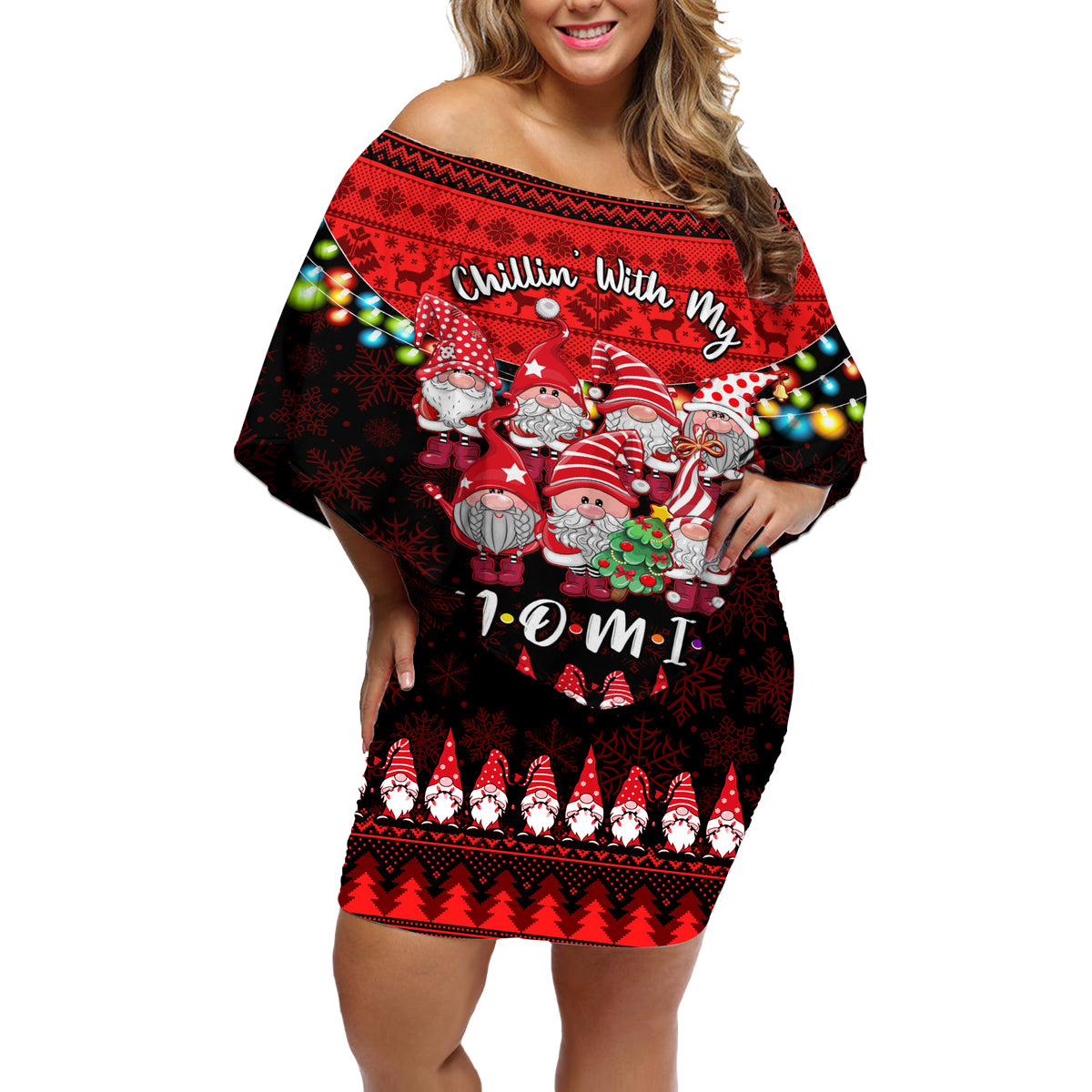 Chilling With My Gnomies Christmas Off Shoulder Short Dress Gnomie Friend Xmas Vibes - Wonder Print Shop