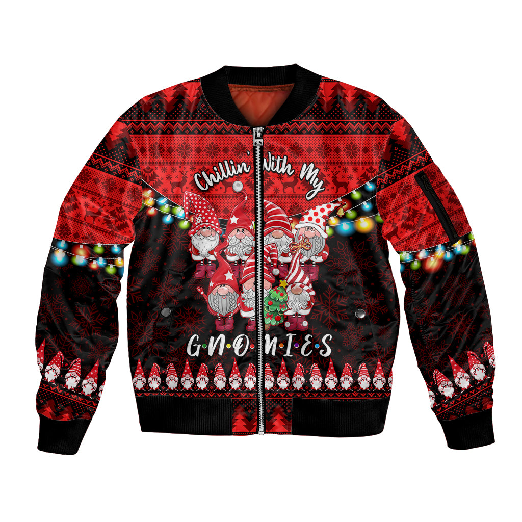 Chilling With My Gnomies Christmas Sleeve Zip Bomber Jacket Gnomie Friend Xmas Vibes - Wonder Print Shop