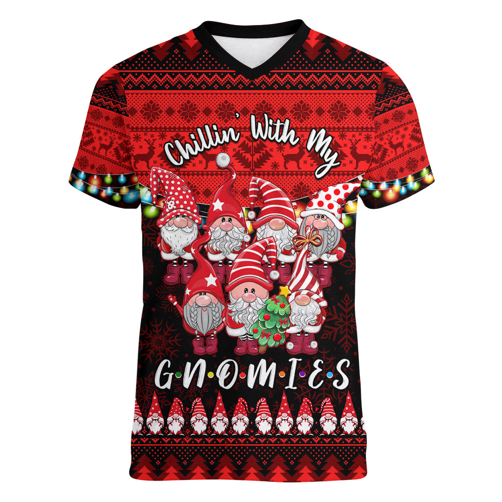 Chilling With My Gnomies Christmas Women V Neck T Shirt Gnomie Friend Xmas Vibes - Wonder Print Shop