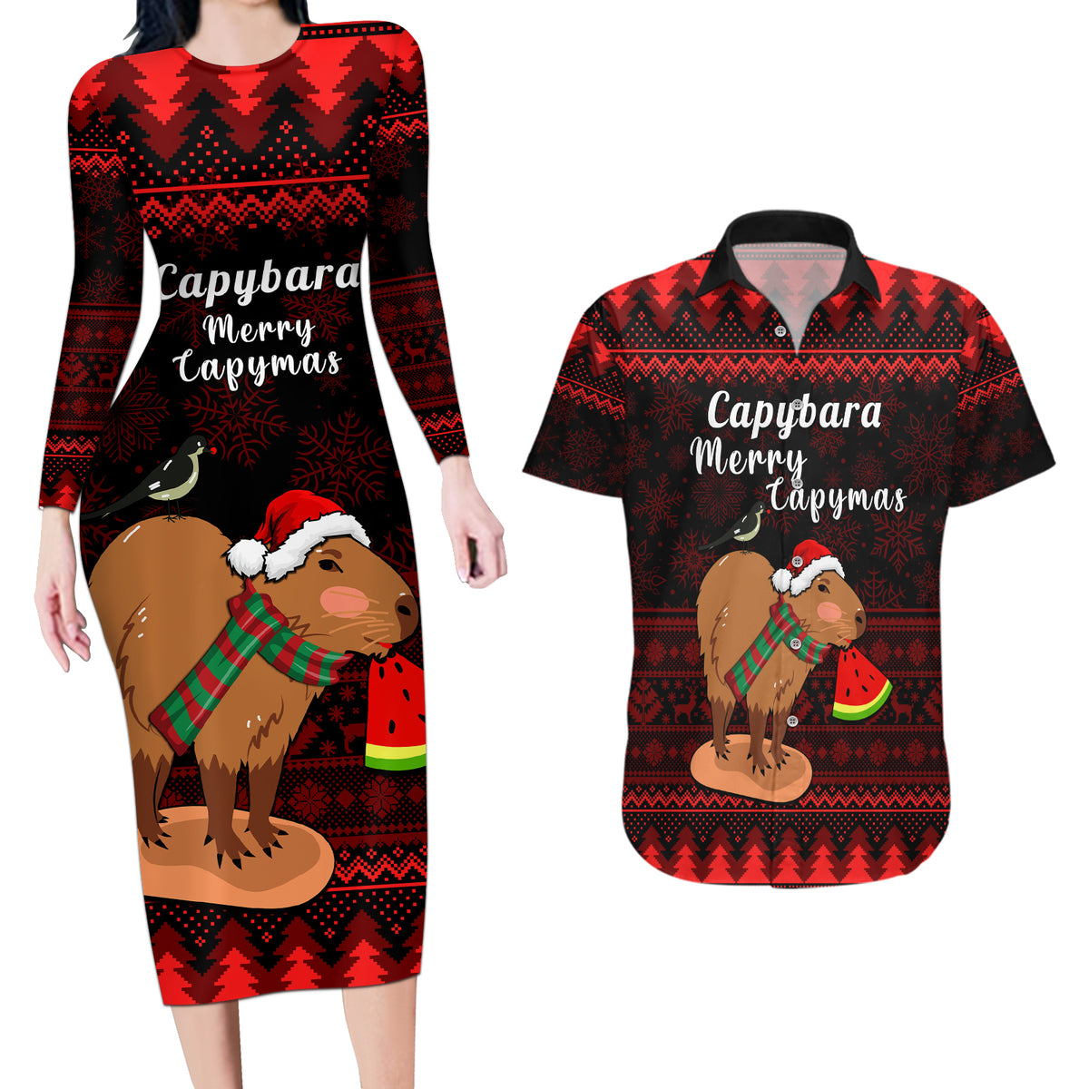 Capybara Christmas Couples Matching Long Sleeve Bodycon Dress and Hawaiian Shirt Merry Capymas - Wonder Print Shop