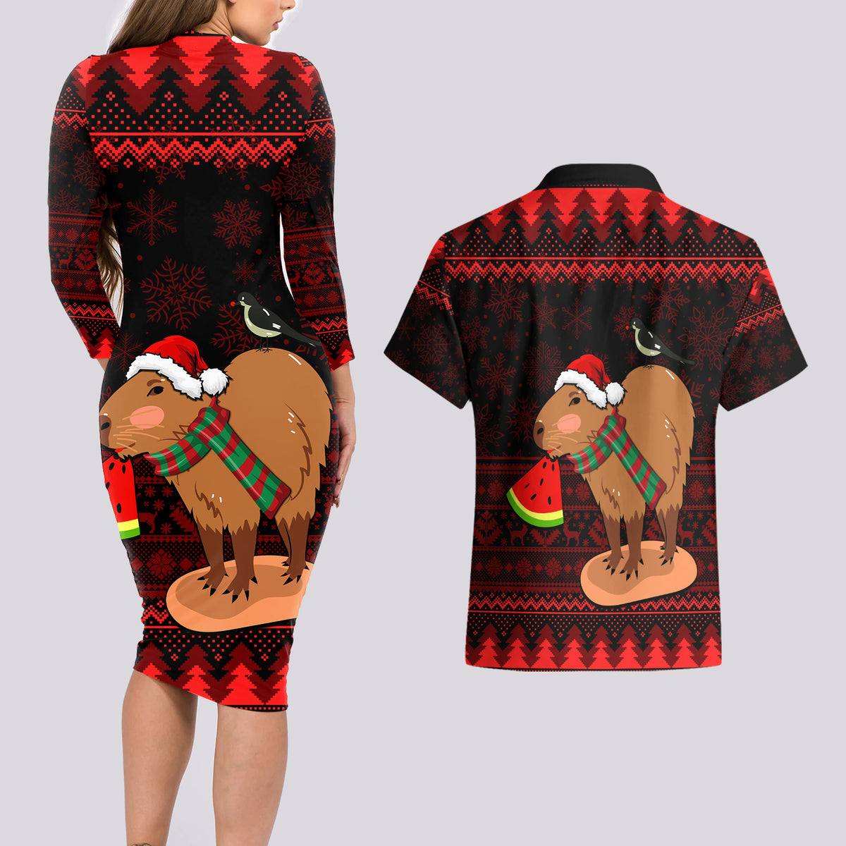 Capybara Christmas Couples Matching Long Sleeve Bodycon Dress and Hawaiian Shirt Merry Capymas - Wonder Print Shop
