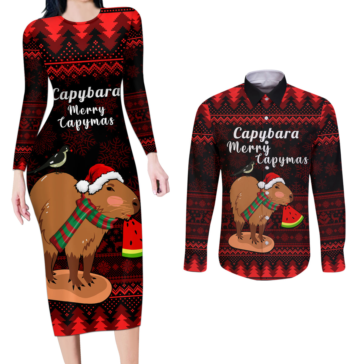 Capybara Christmas Couples Matching Long Sleeve Bodycon Dress and Long Sleeve Button Shirt Merry Capymas - Wonder Print Shop