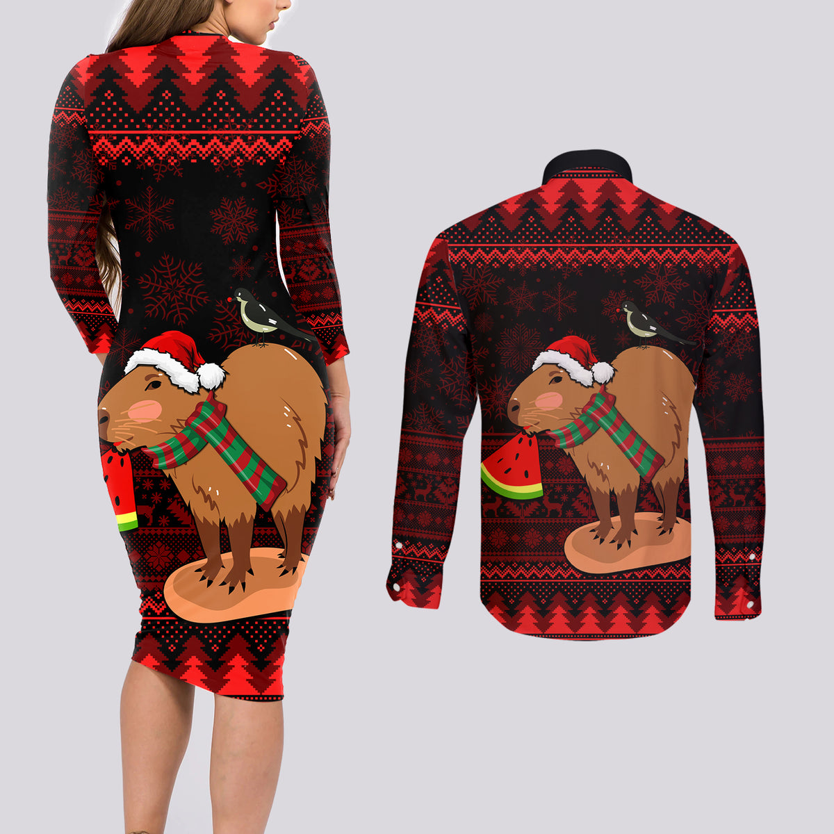Capybara Christmas Couples Matching Long Sleeve Bodycon Dress and Long Sleeve Button Shirt Merry Capymas - Wonder Print Shop
