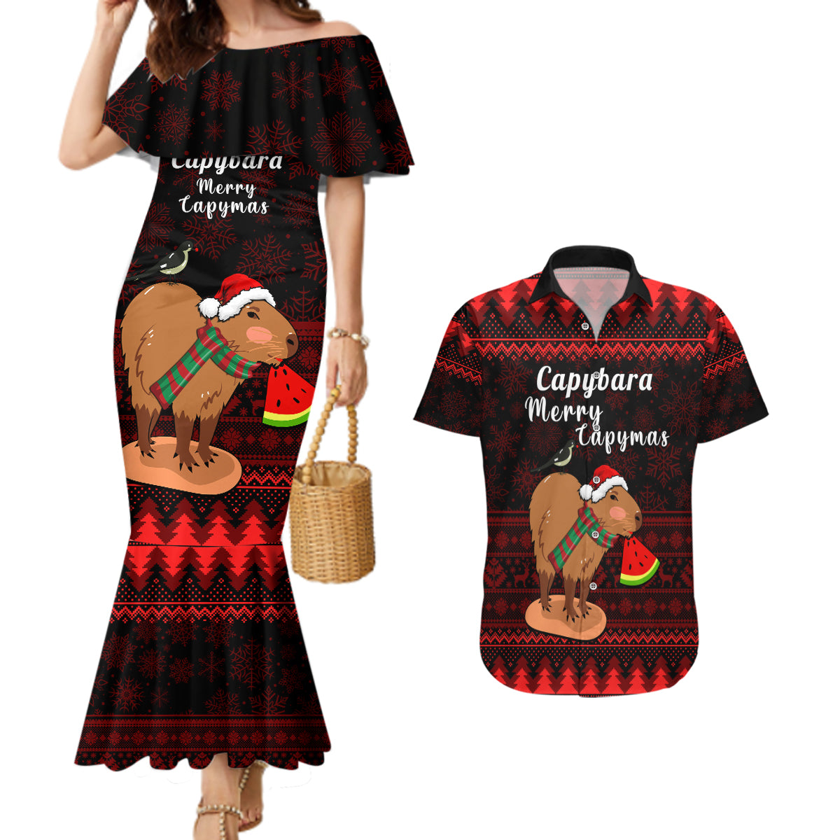 Capybara Christmas Couples Matching Mermaid Dress and Hawaiian Shirt Merry Capymas - Wonder Print Shop