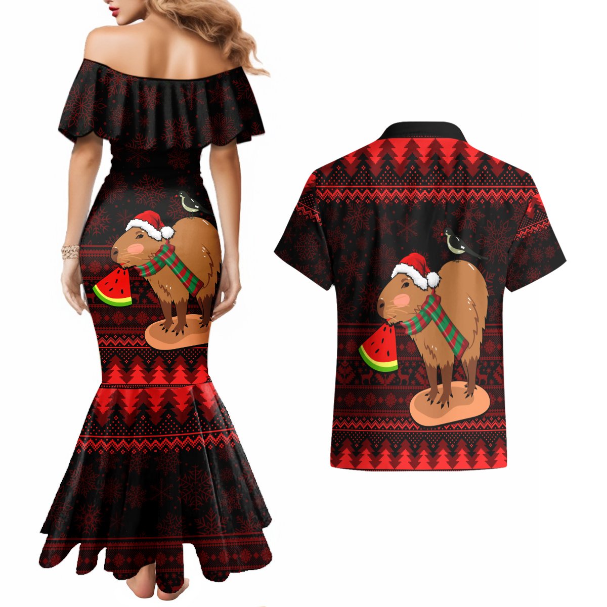 Capybara Christmas Couples Matching Mermaid Dress and Hawaiian Shirt Merry Capymas - Wonder Print Shop