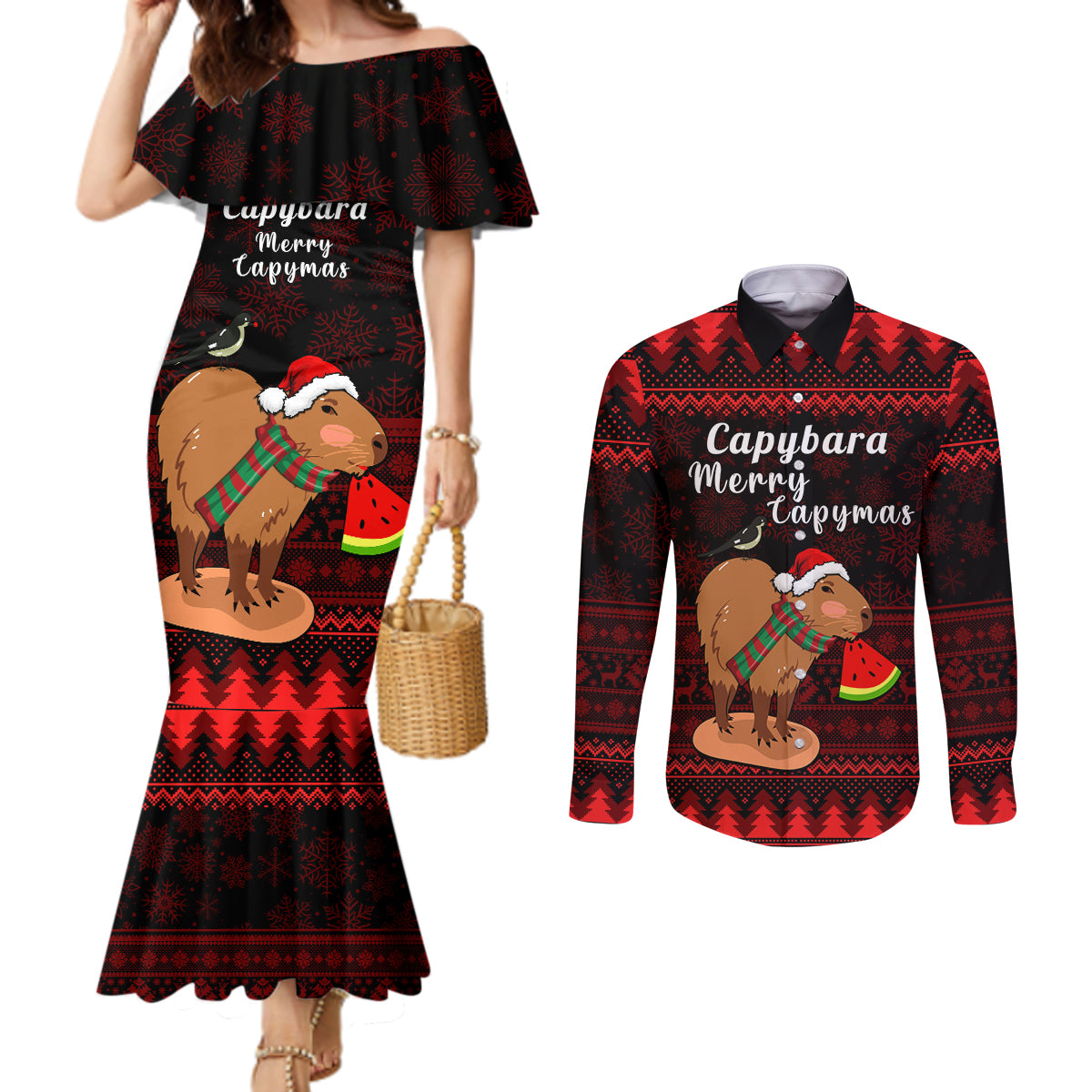 capybara-christmas-couples-matching-mermaid-dress-and-long-sleeve-button-shirt-merry-capymas
