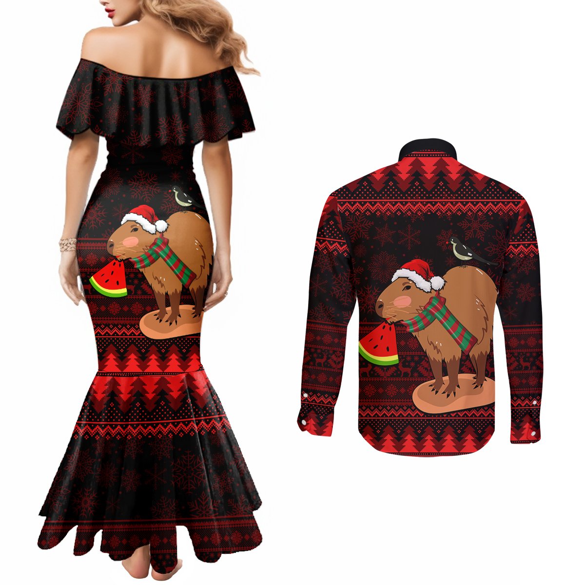 capybara-christmas-couples-matching-mermaid-dress-and-long-sleeve-button-shirt-merry-capymas