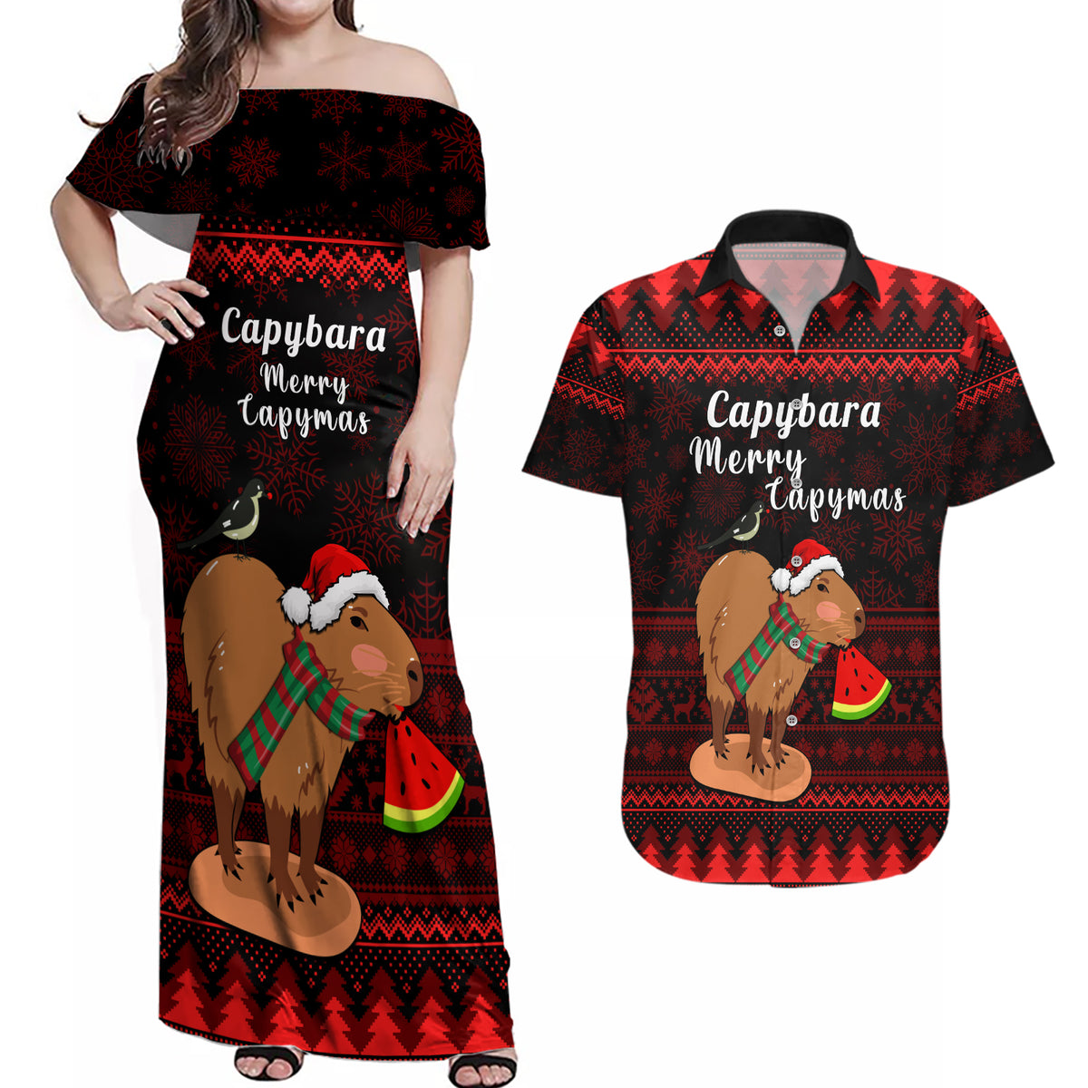 Capybara Christmas Couples Matching Off Shoulder Maxi Dress and Hawaiian Shirt Merry Capymas - Wonder Print Shop