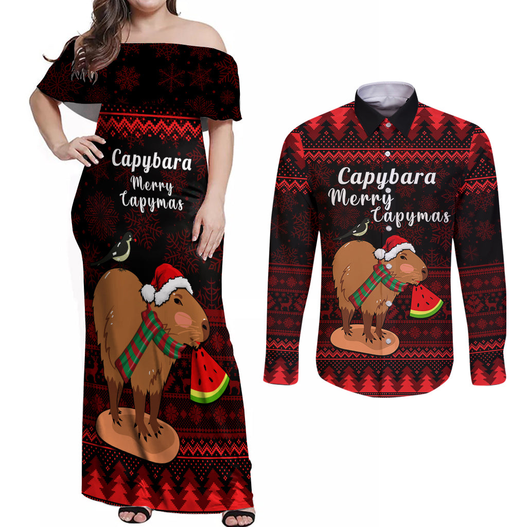 Capybara Christmas Couples Matching Off Shoulder Maxi Dress and Long Sleeve Button Shirt Merry Capymas - Wonder Print Shop