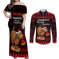 Capybara Christmas Couples Matching Off Shoulder Maxi Dress and Long Sleeve Button Shirt Merry Capymas - Wonder Print Shop
