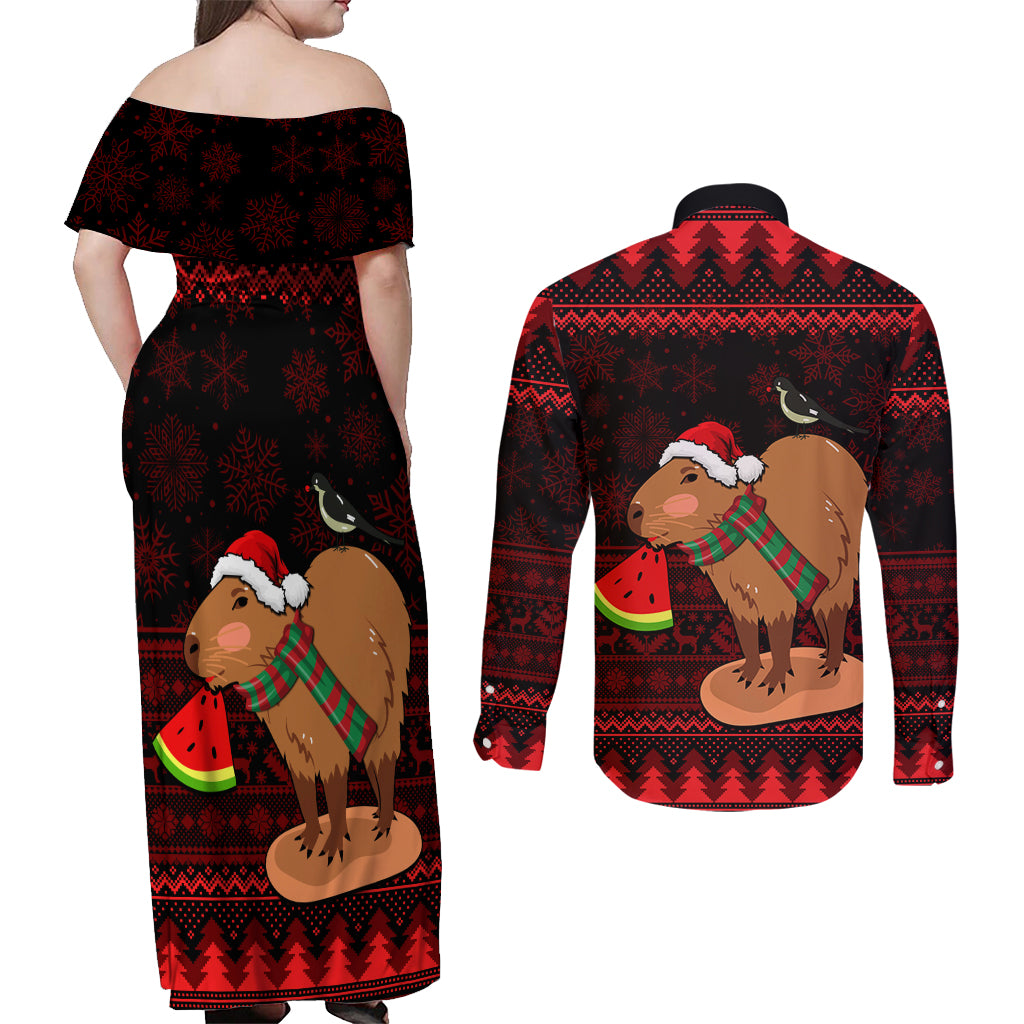 Capybara Christmas Couples Matching Off Shoulder Maxi Dress and Long Sleeve Button Shirt Merry Capymas - Wonder Print Shop