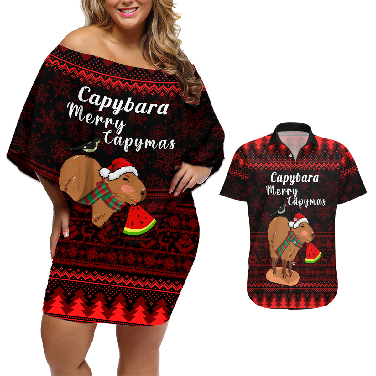 Capybara Christmas Couples Matching Off Shoulder Short Dress and Hawaiian Shirt Merry Capymas - Wonder Print Shop