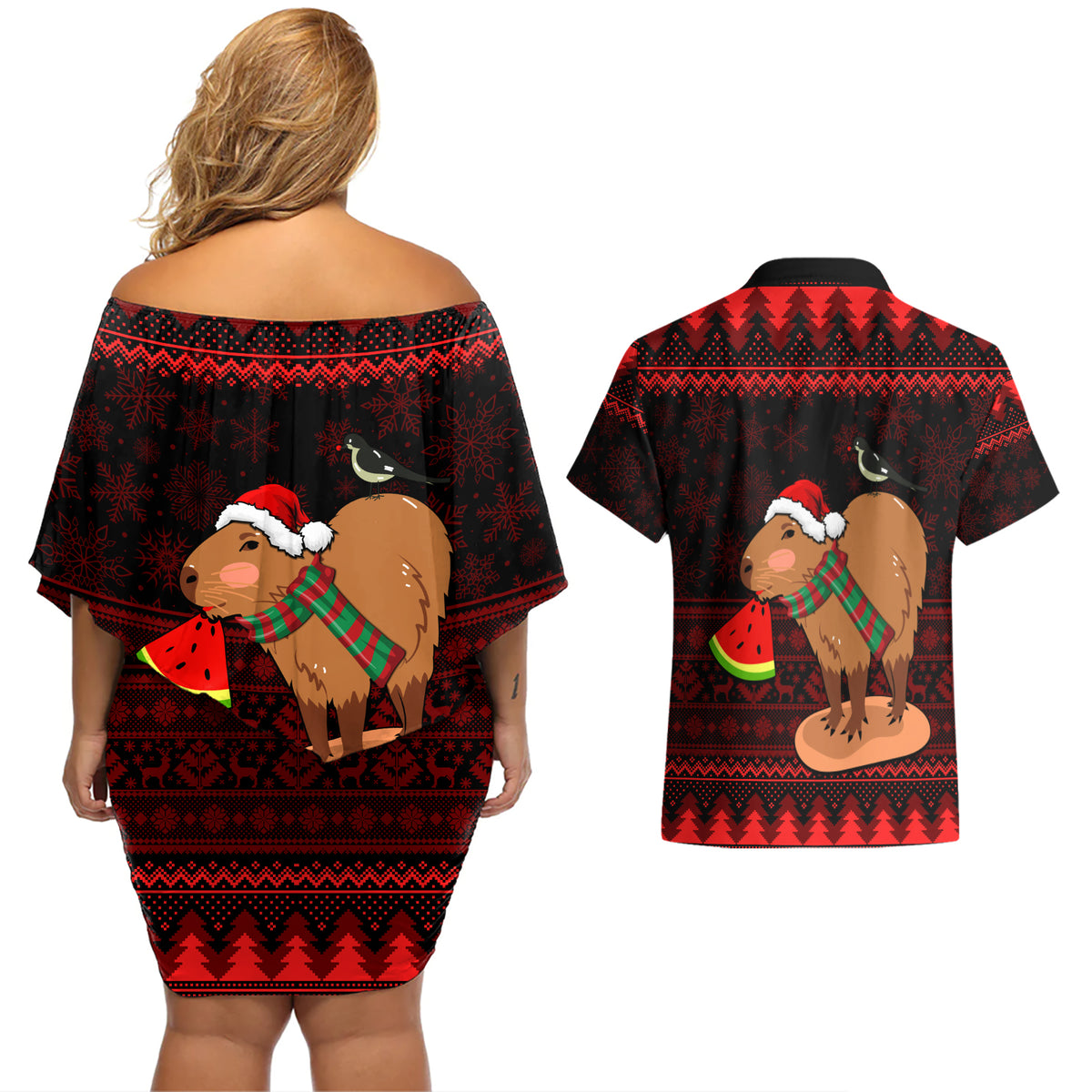 Capybara Christmas Couples Matching Off Shoulder Short Dress and Hawaiian Shirt Merry Capymas - Wonder Print Shop