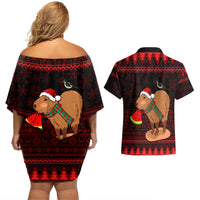 Capybara Christmas Couples Matching Off Shoulder Short Dress and Hawaiian Shirt Merry Capymas - Wonder Print Shop