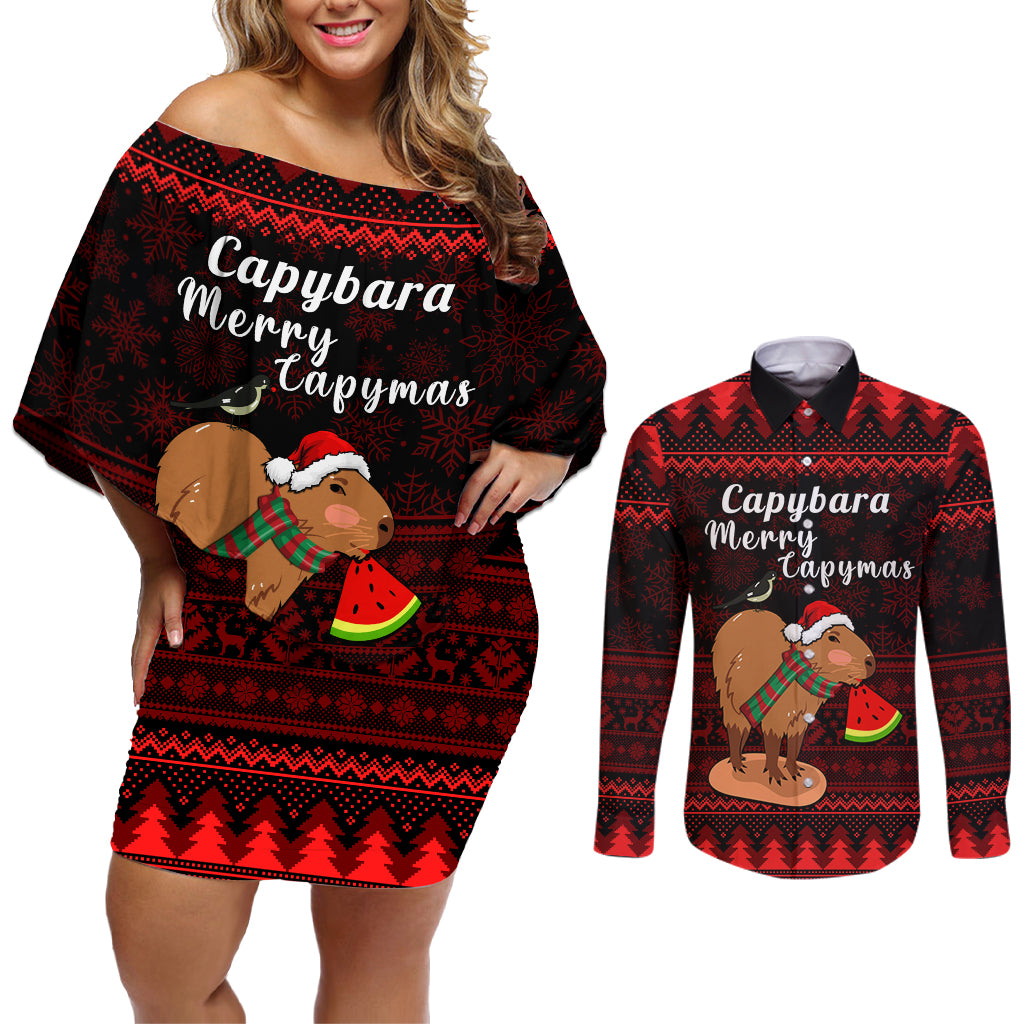 Capybara Christmas Couples Matching Off Shoulder Short Dress and Long Sleeve Button Shirt Merry Capymas - Wonder Print Shop