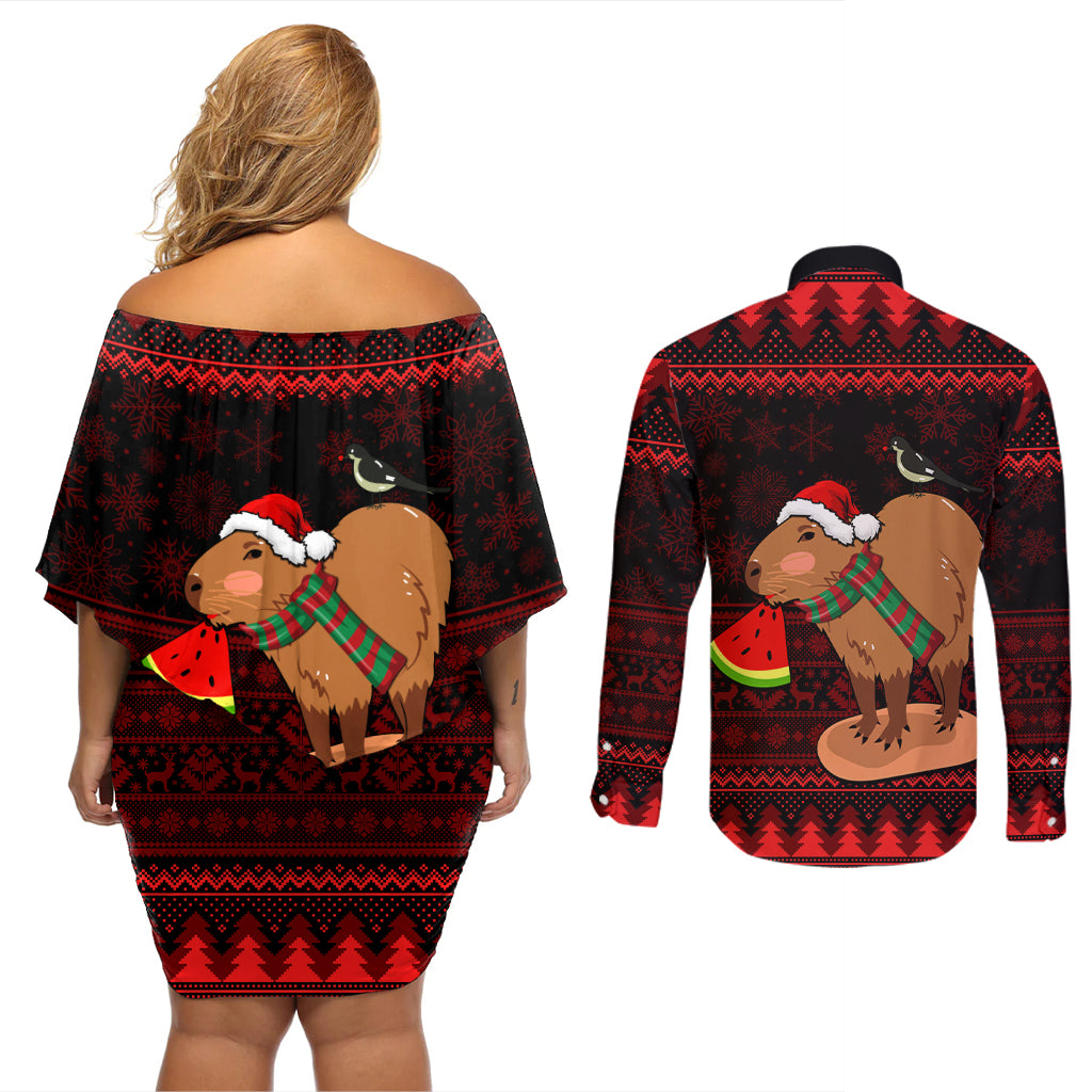 Capybara Christmas Couples Matching Off Shoulder Short Dress and Long Sleeve Button Shirt Merry Capymas - Wonder Print Shop