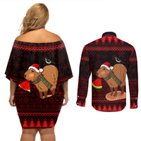 Capybara Christmas Couples Matching Off Shoulder Short Dress and Long Sleeve Button Shirt Merry Capymas - Wonder Print Shop