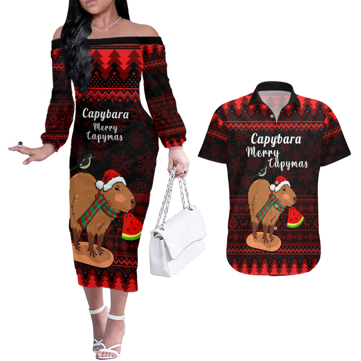 Capybara Christmas Couples Matching Off The Shoulder Long Sleeve Dress and Hawaiian Shirt Merry Capymas - Wonder Print Shop