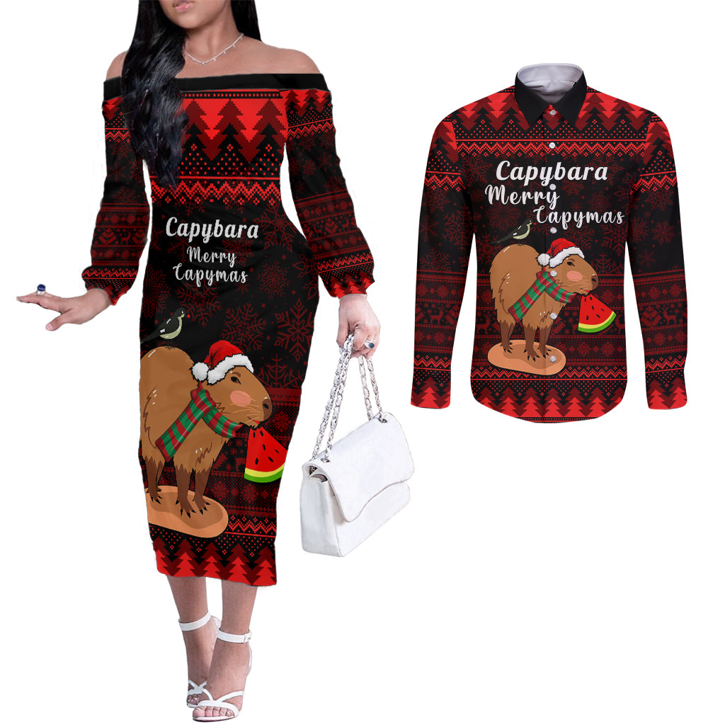capybara-christmas-couples-matching-off-the-shoulder-long-sleeve-dress-and-long-sleeve-button-shirt-merry-capymas