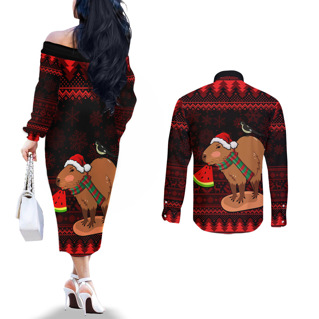 capybara-christmas-couples-matching-off-the-shoulder-long-sleeve-dress-and-long-sleeve-button-shirt-merry-capymas