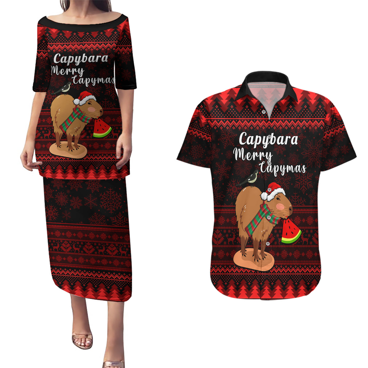 Capybara Christmas Couples Matching Puletasi Dress and Hawaiian Shirt Merry Capymas - Wonder Print Shop