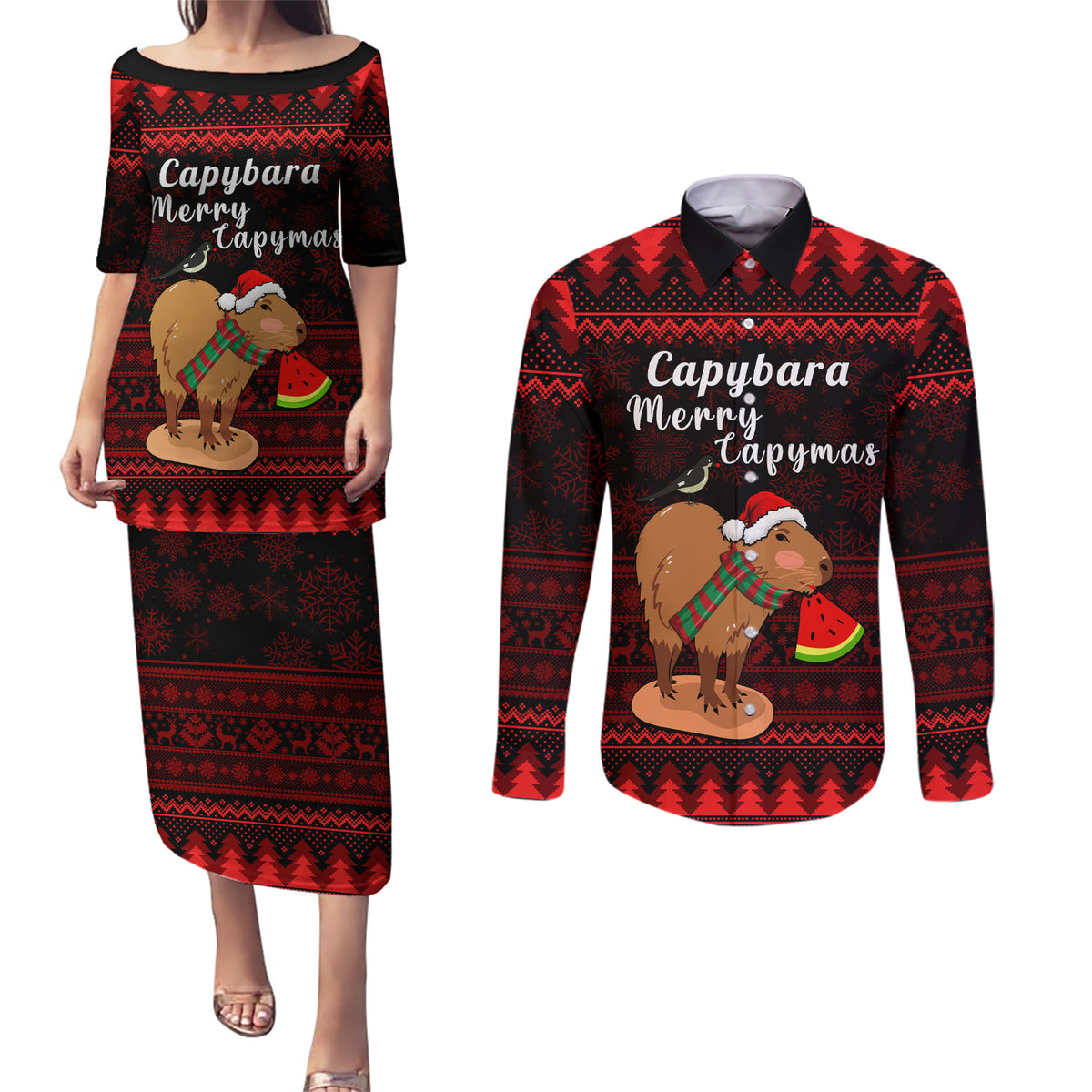 Capybara Christmas Couples Matching Puletasi Dress and Long Sleeve Button Shirt Merry Capymas - Wonder Print Shop