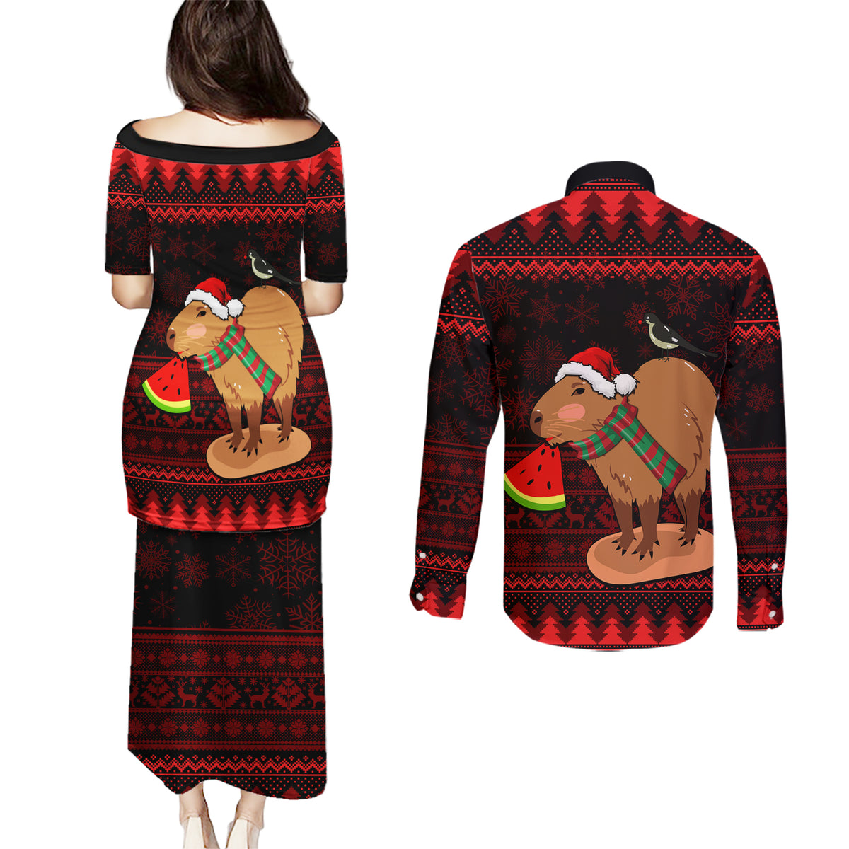 Capybara Christmas Couples Matching Puletasi Dress and Long Sleeve Button Shirt Merry Capymas - Wonder Print Shop