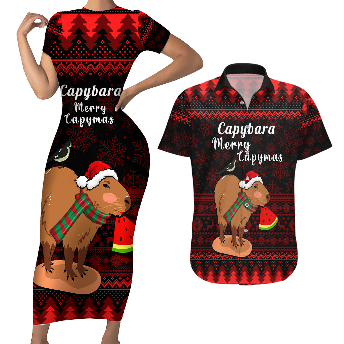 Capybara Christmas Couples Matching Short Sleeve Bodycon Dress and Hawaiian Shirt Merry Capymas - Wonder Print Shop