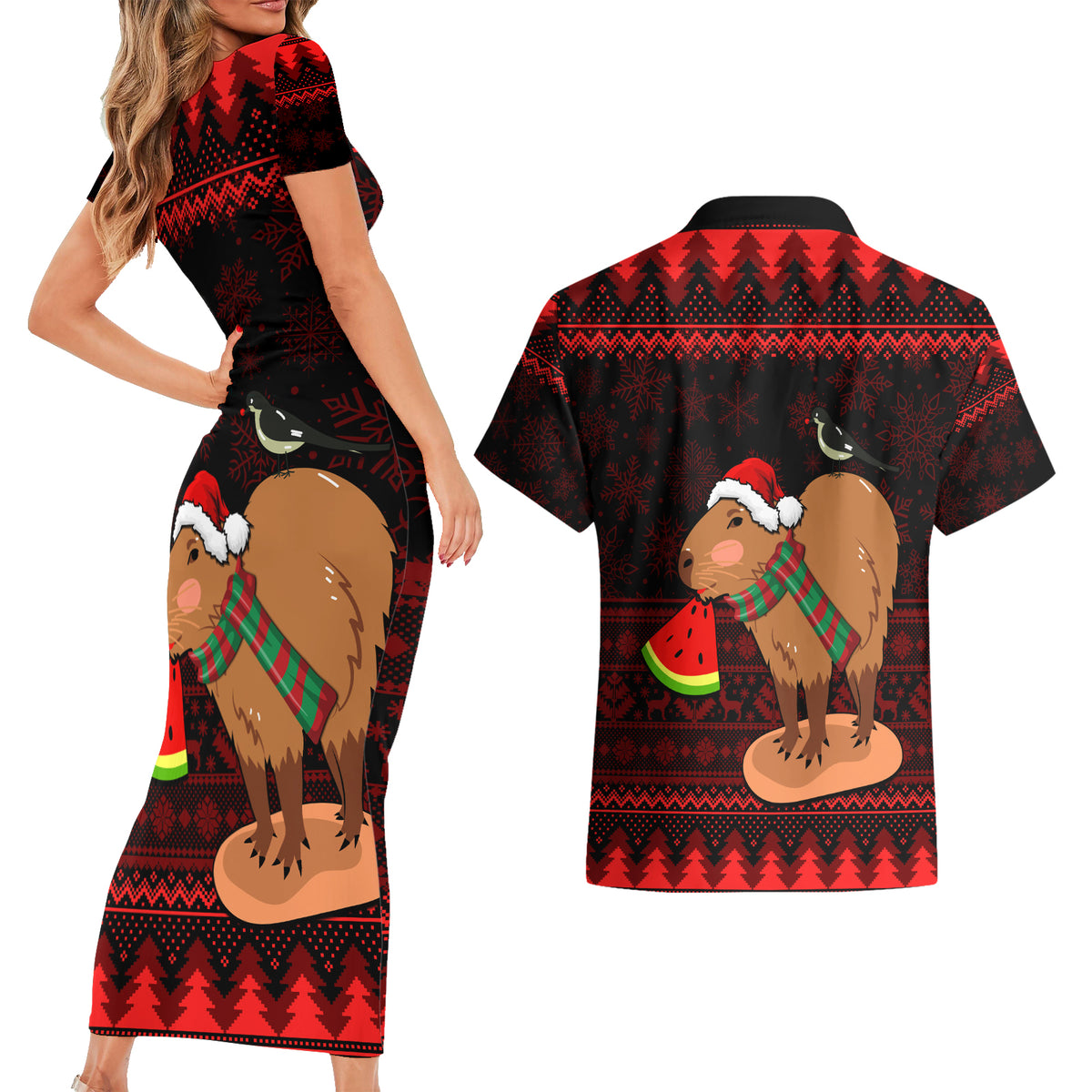 Capybara Christmas Couples Matching Short Sleeve Bodycon Dress and Hawaiian Shirt Merry Capymas - Wonder Print Shop