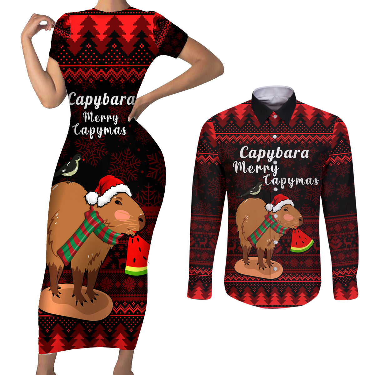 Capybara Christmas Couples Matching Short Sleeve Bodycon Dress and Long Sleeve Button Shirt Merry Capymas - Wonder Print Shop