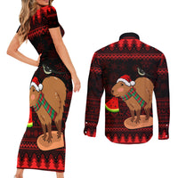 Capybara Christmas Couples Matching Short Sleeve Bodycon Dress and Long Sleeve Button Shirt Merry Capymas - Wonder Print Shop