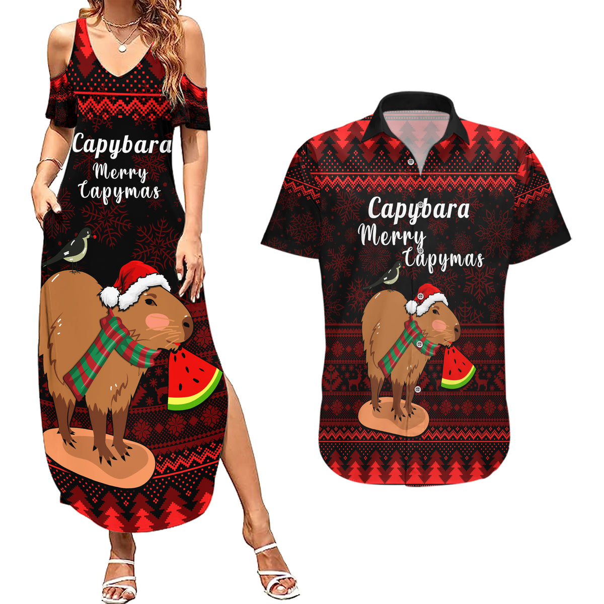 Capybara Christmas Couples Matching Summer Maxi Dress and Hawaiian Shirt Merry Capymas - Wonder Print Shop