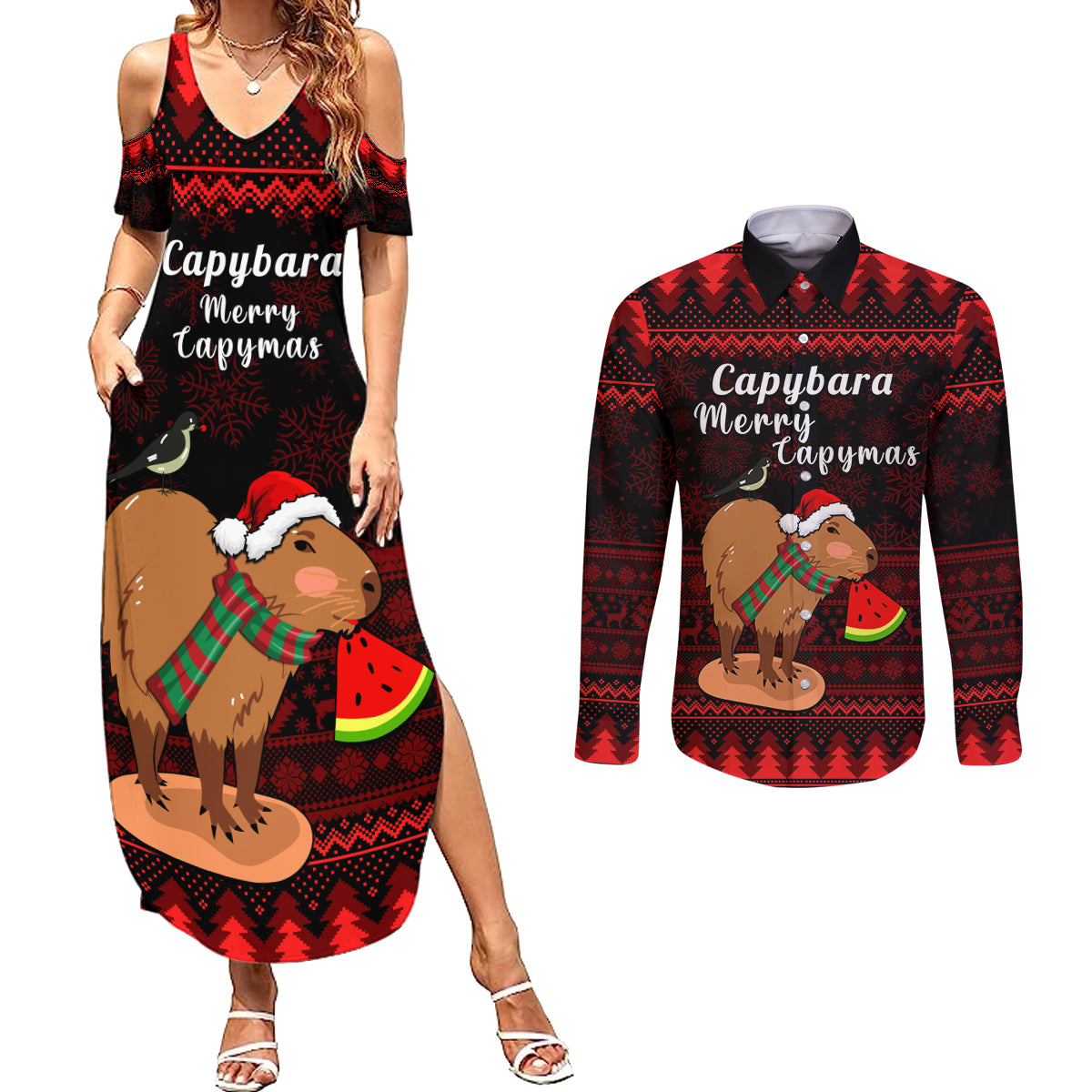 Capybara Christmas Couples Matching Summer Maxi Dress and Long Sleeve Button Shirt Merry Capymas - Wonder Print Shop
