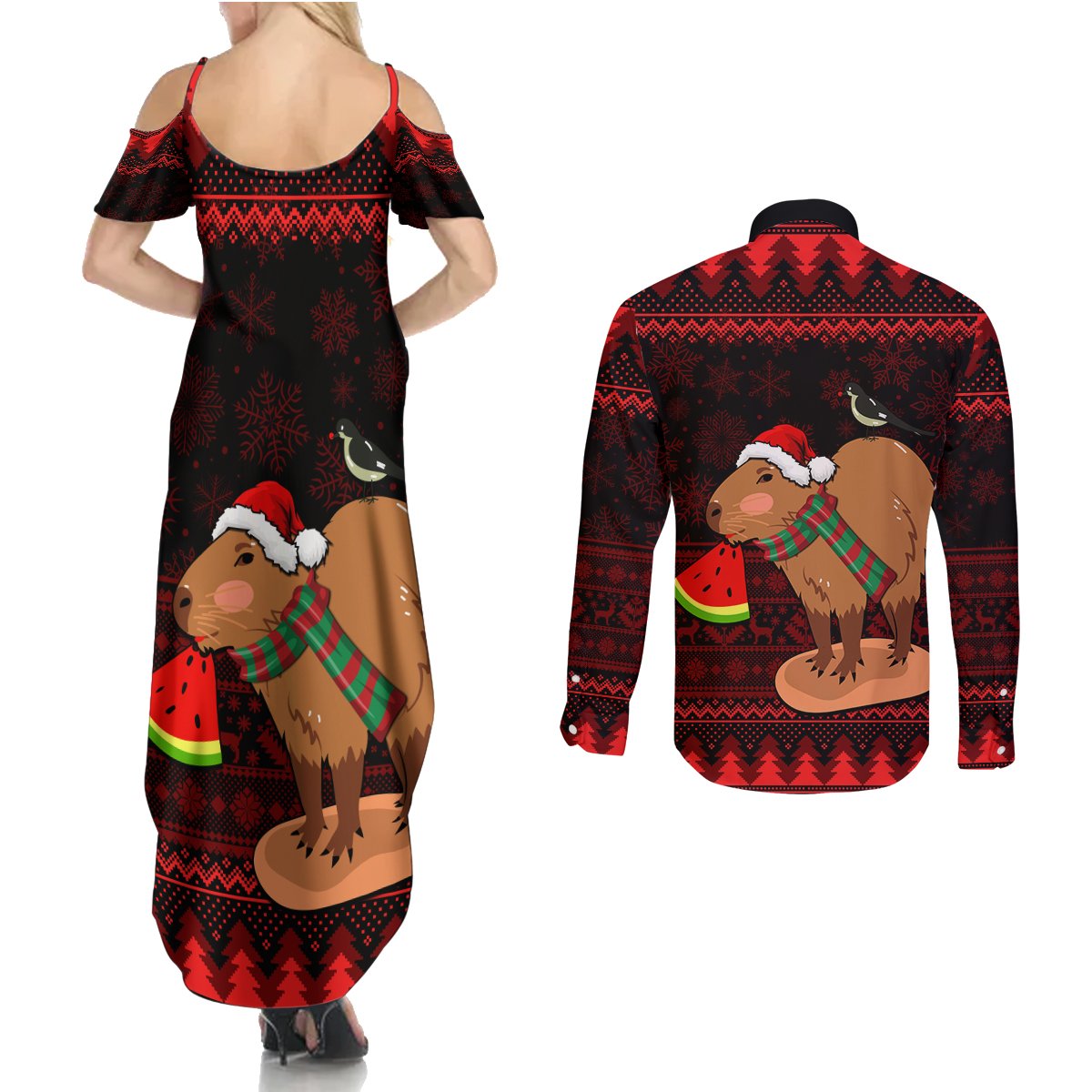 Capybara Christmas Couples Matching Summer Maxi Dress and Long Sleeve Button Shirt Merry Capymas - Wonder Print Shop