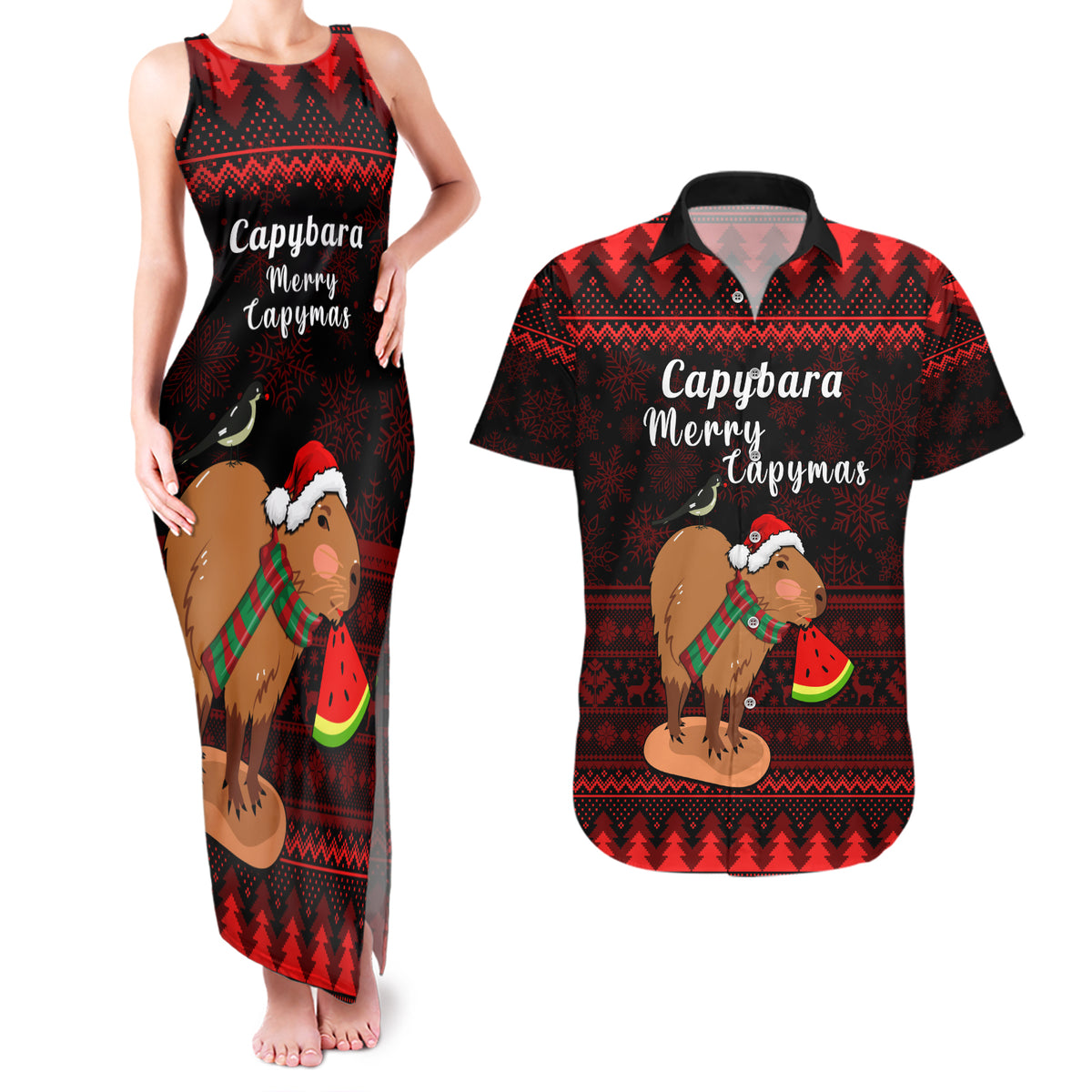 Capybara Christmas Couples Matching Tank Maxi Dress and Hawaiian Shirt Merry Capymas - Wonder Print Shop