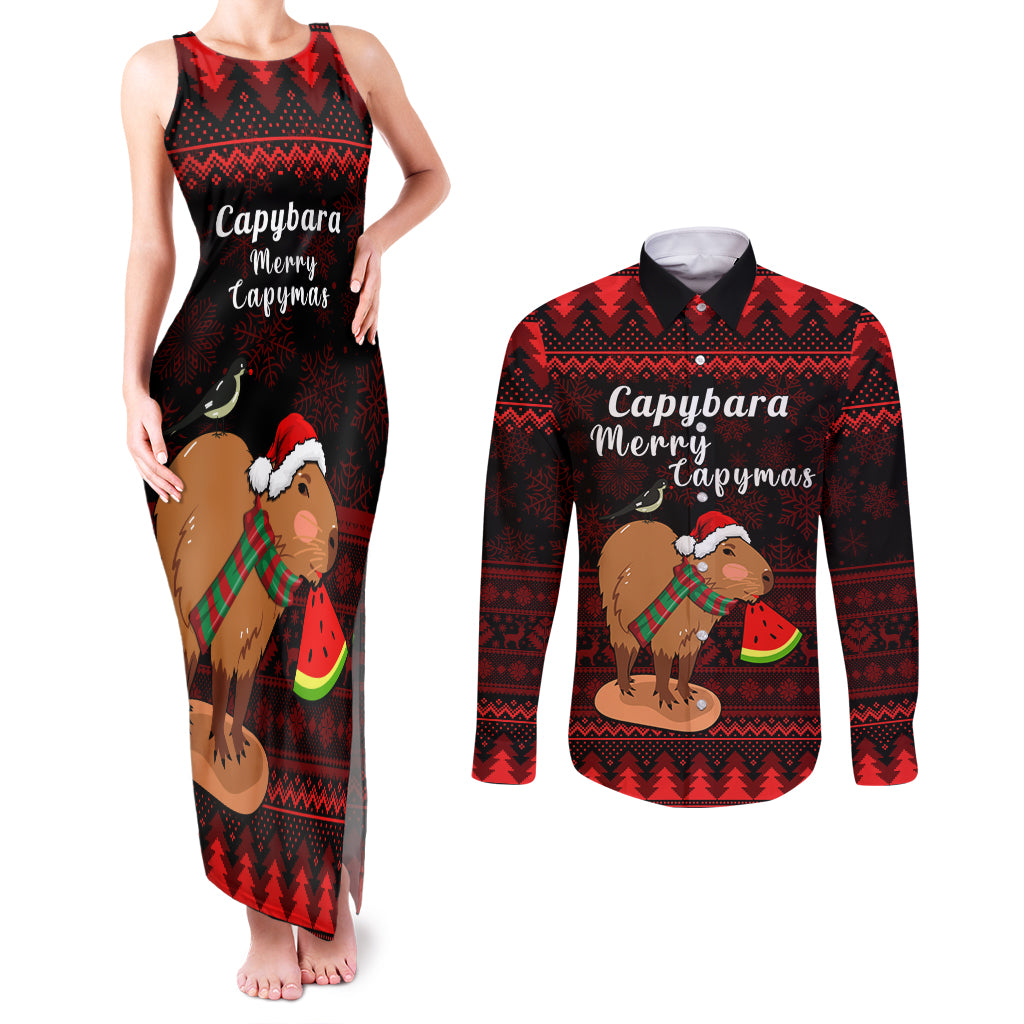 Capybara Christmas Couples Matching Tank Maxi Dress and Long Sleeve Button Shirt Merry Capymas - Wonder Print Shop