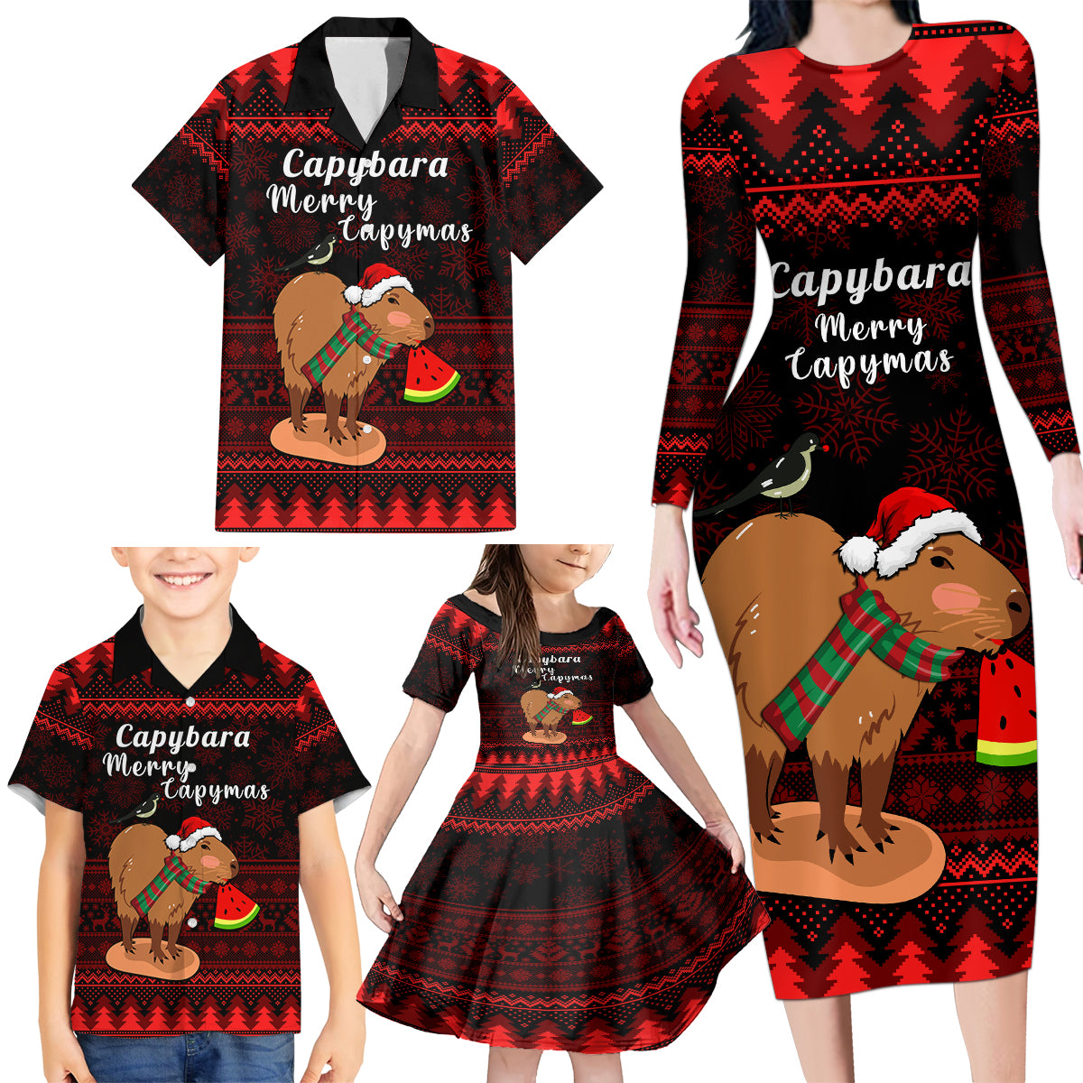 Capybara Christmas Family Matching Long Sleeve Bodycon Dress and Hawaiian Shirt Merry Capymas - Wonder Print Shop