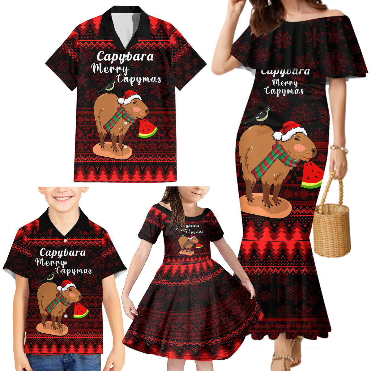 Capybara Christmas Family Matching Mermaid Dress and Hawaiian Shirt Merry Capymas - Wonder Print Shop