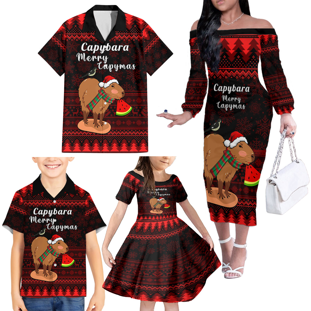 Capybara Christmas Family Matching Off Shoulder Long Sleeve Dress and Hawaiian Shirt Merry Capymas - Wonder Print Shop