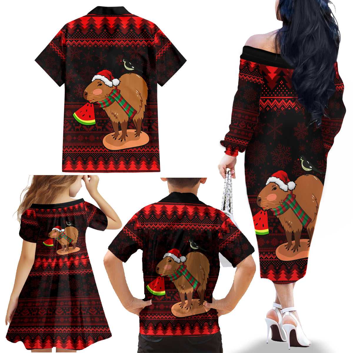 Capybara Christmas Family Matching Off Shoulder Long Sleeve Dress and Hawaiian Shirt Merry Capymas - Wonder Print Shop