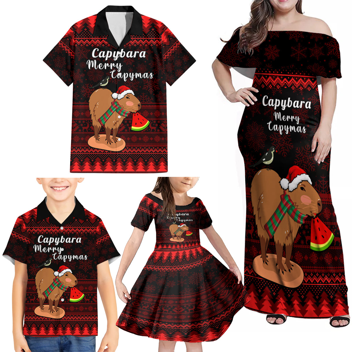 Capybara Christmas Family Matching Off Shoulder Maxi Dress and Hawaiian Shirt Merry Capymas - Wonder Print Shop
