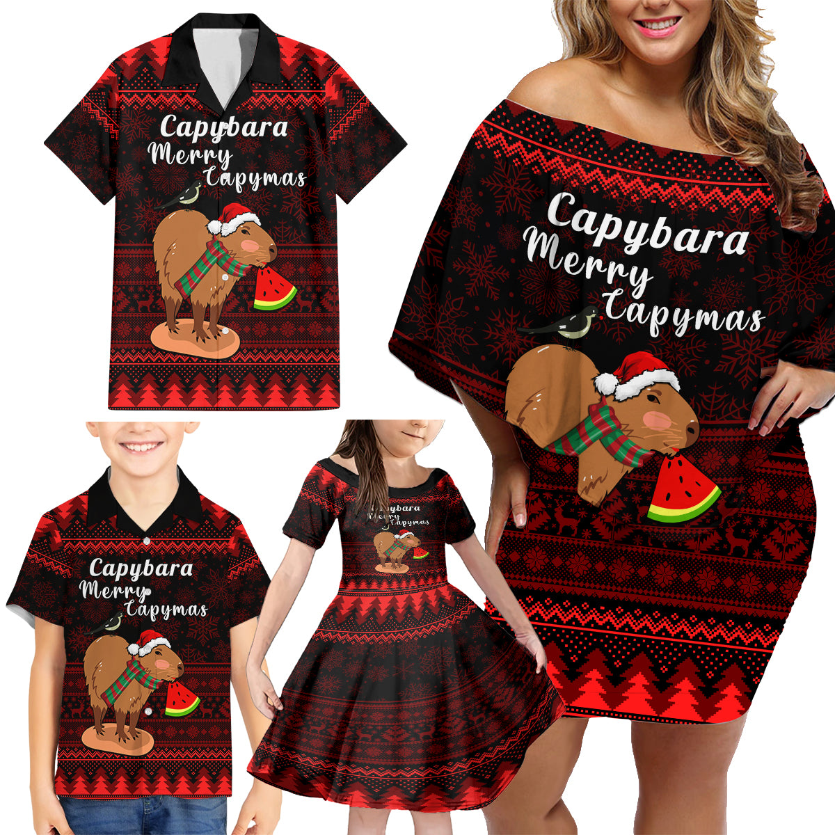 Capybara Christmas Family Matching Off Shoulder Short Dress and Hawaiian Shirt Merry Capymas - Wonder Print Shop