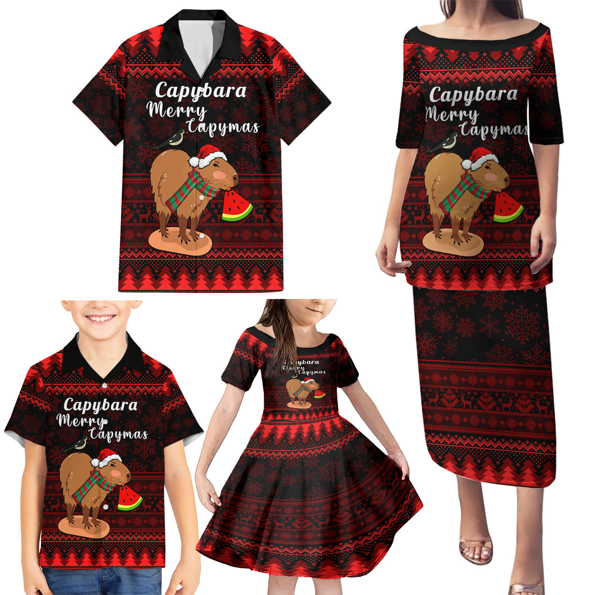 Capybara Christmas Family Matching Puletasi Dress and Hawaiian Shirt Merry Capymas - Wonder Print Shop