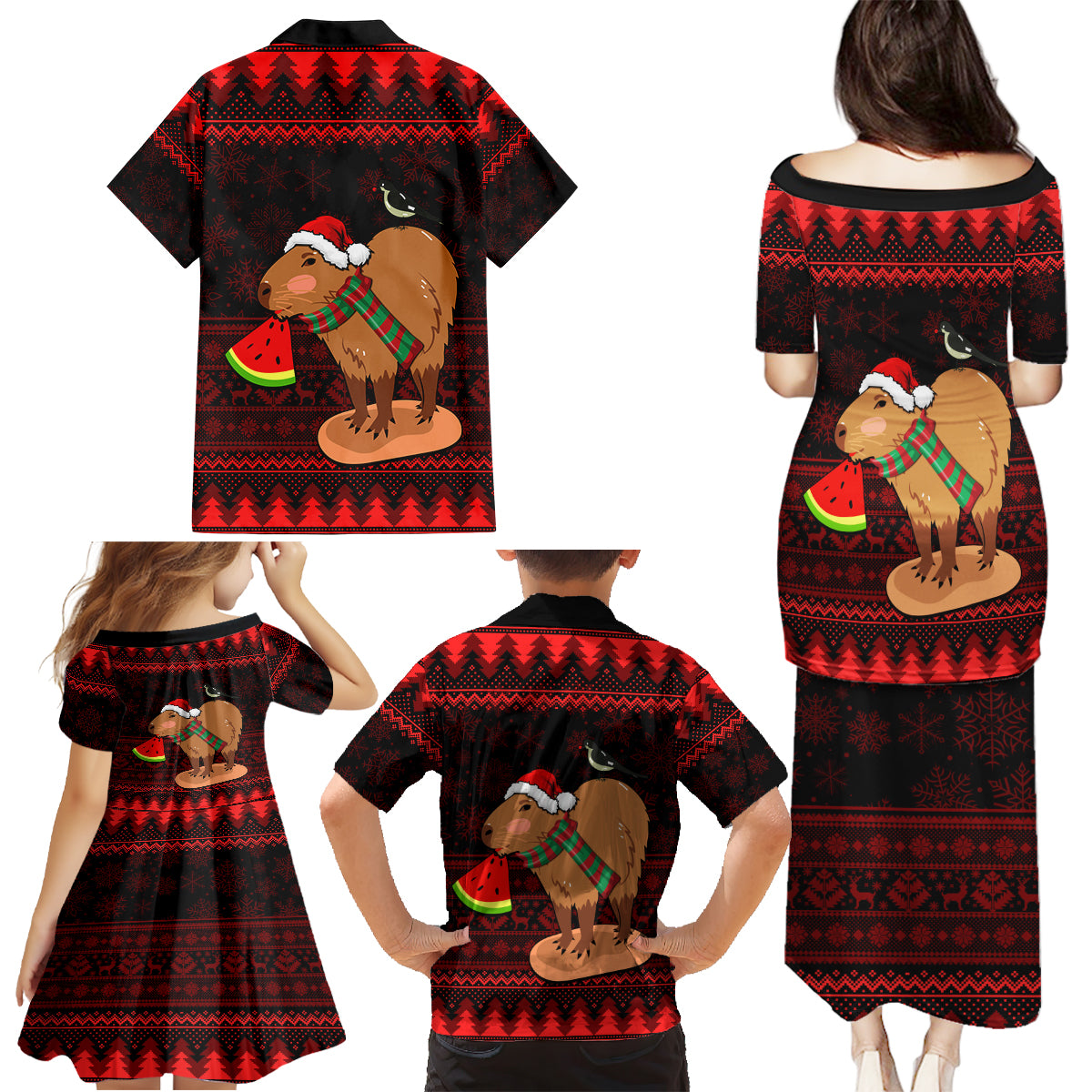 Capybara Christmas Family Matching Puletasi Dress and Hawaiian Shirt Merry Capymas - Wonder Print Shop