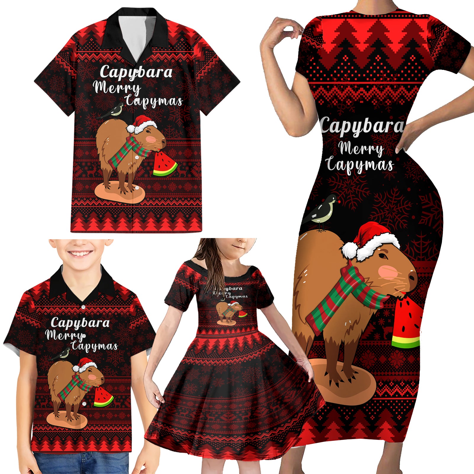 Capybara Christmas Family Matching Short Sleeve Bodycon Dress and Hawaiian Shirt Merry Capymas - Wonder Print Shop