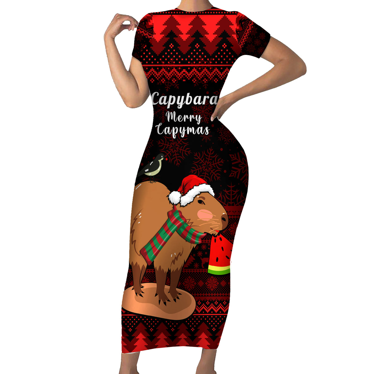 Capybara Christmas Family Matching Short Sleeve Bodycon Dress and Hawaiian Shirt Merry Capymas - Wonder Print Shop
