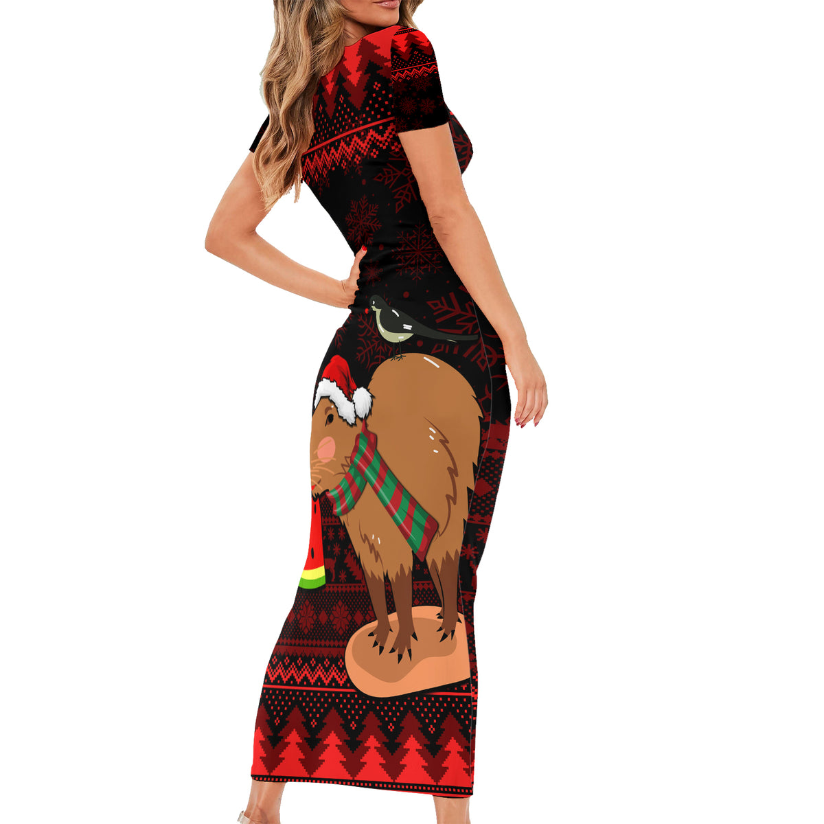 Capybara Christmas Family Matching Short Sleeve Bodycon Dress and Hawaiian Shirt Merry Capymas - Wonder Print Shop