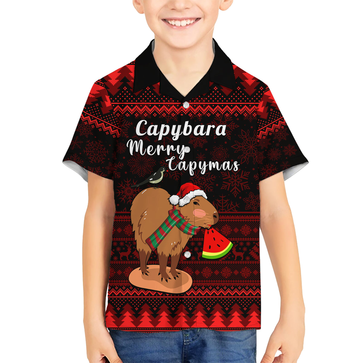 Capybara Christmas Family Matching Short Sleeve Bodycon Dress and Hawaiian Shirt Merry Capymas - Wonder Print Shop