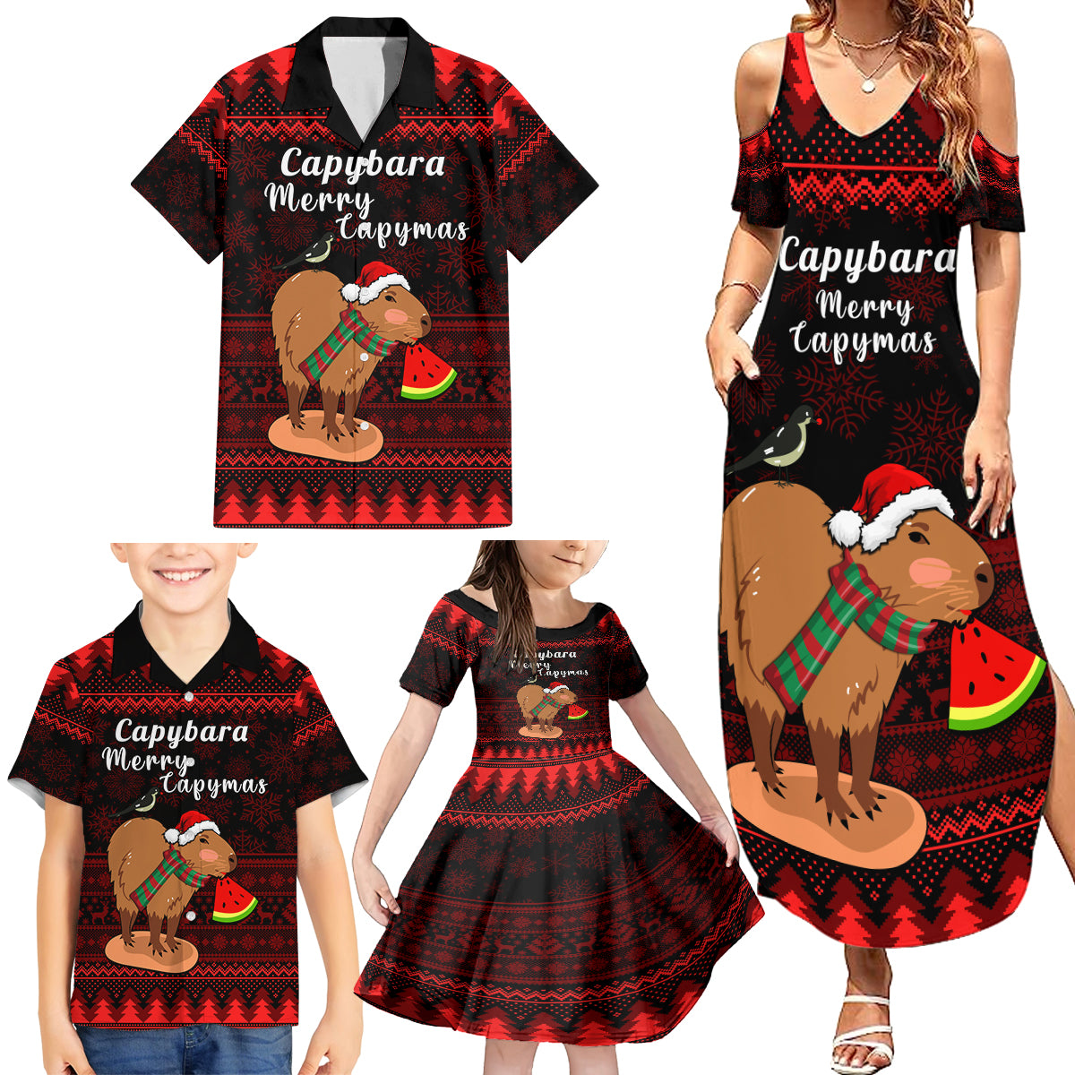 Capybara Christmas Family Matching Summer Maxi Dress and Hawaiian Shirt Merry Capymas - Wonder Print Shop