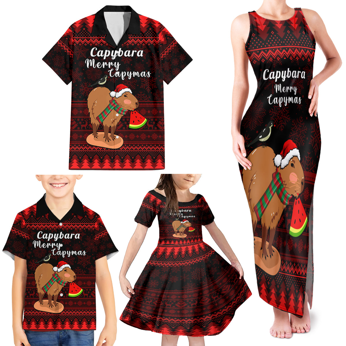 Capybara Christmas Family Matching Tank Maxi Dress and Hawaiian Shirt Merry Capymas - Wonder Print Shop
